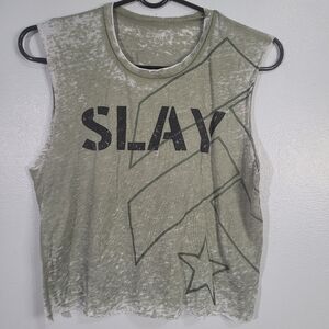 Women's sleeveless t-shirt. RRY'S Vintage brand, military green, "SLAY" Sise S